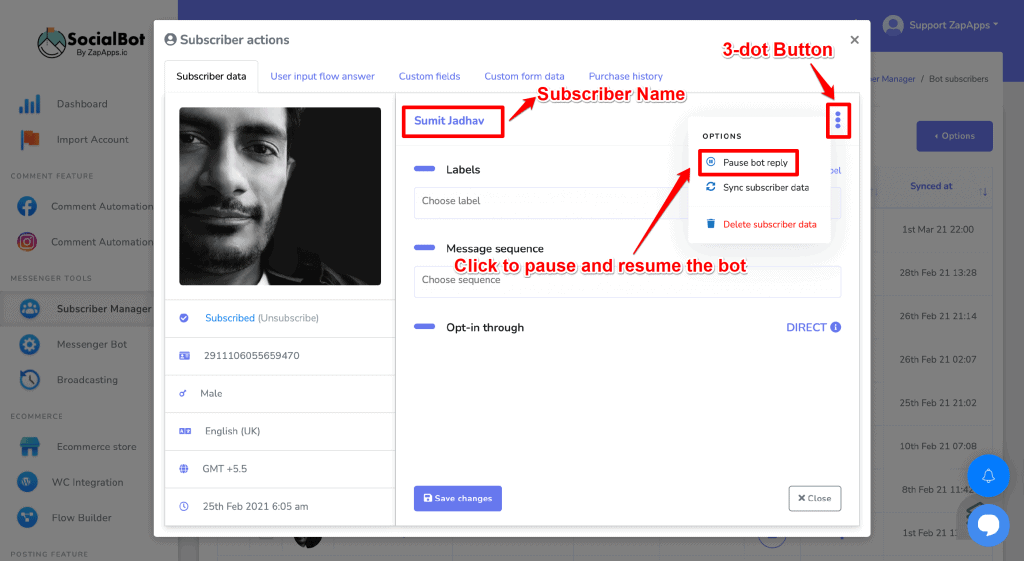 Screenshot on How to Pause & Resume A Messenger Bot