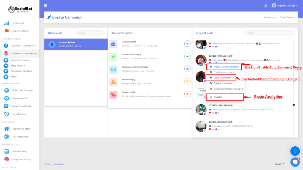 Screenshot on Instagram Auto Comment Reply with SocialBot